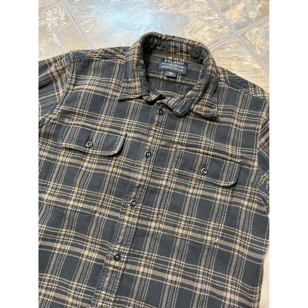 Filson Vintage Flannel Work Shirt Mens M Black Olive Plaid Button Down - Picture 2 of 8